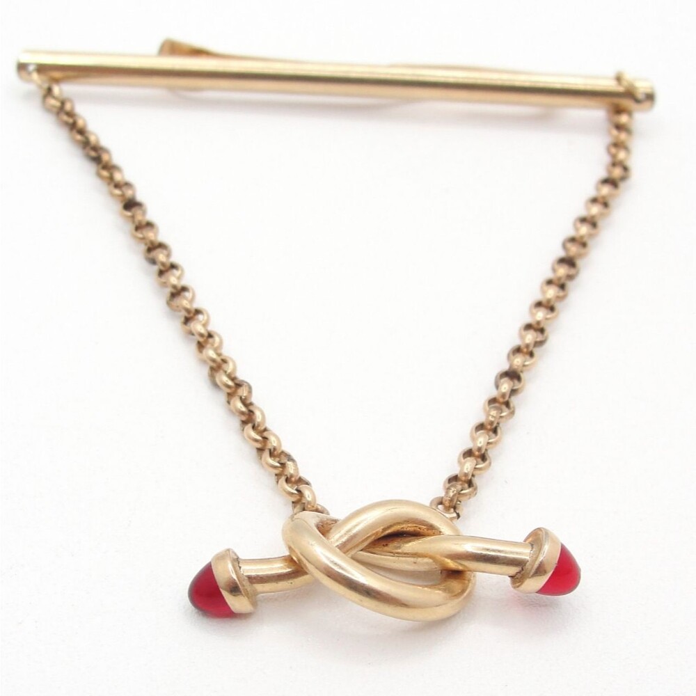 Vintage Krementz Gold Overlay Love Knot Tie Chain Clasp Red Ruby Glass Cabochon